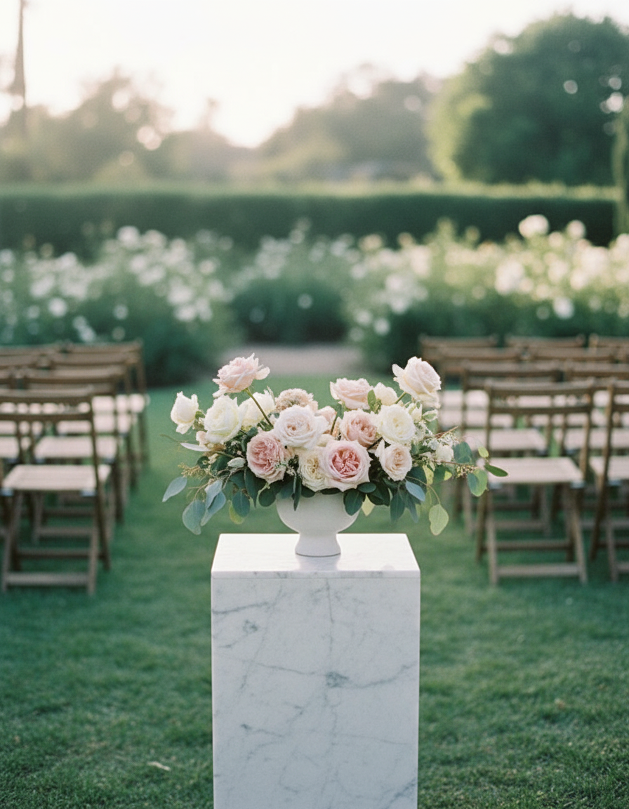 Lush blush and ivory arrangement on a white marble plinth in a stone ceremony venue